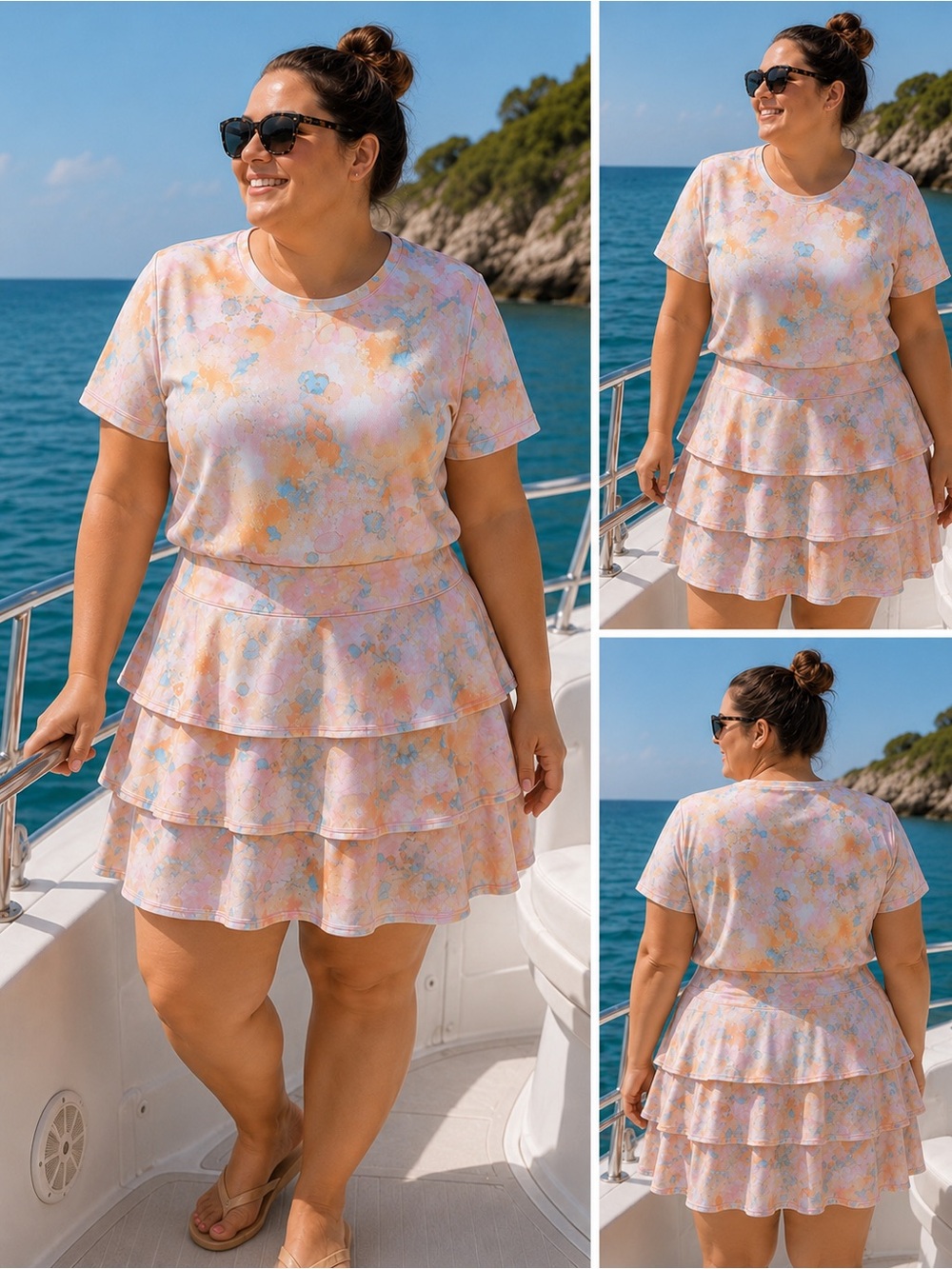 Ideology Pastel Floral Tiered Skort & Top - Two Piece Pink, Peach, Blue